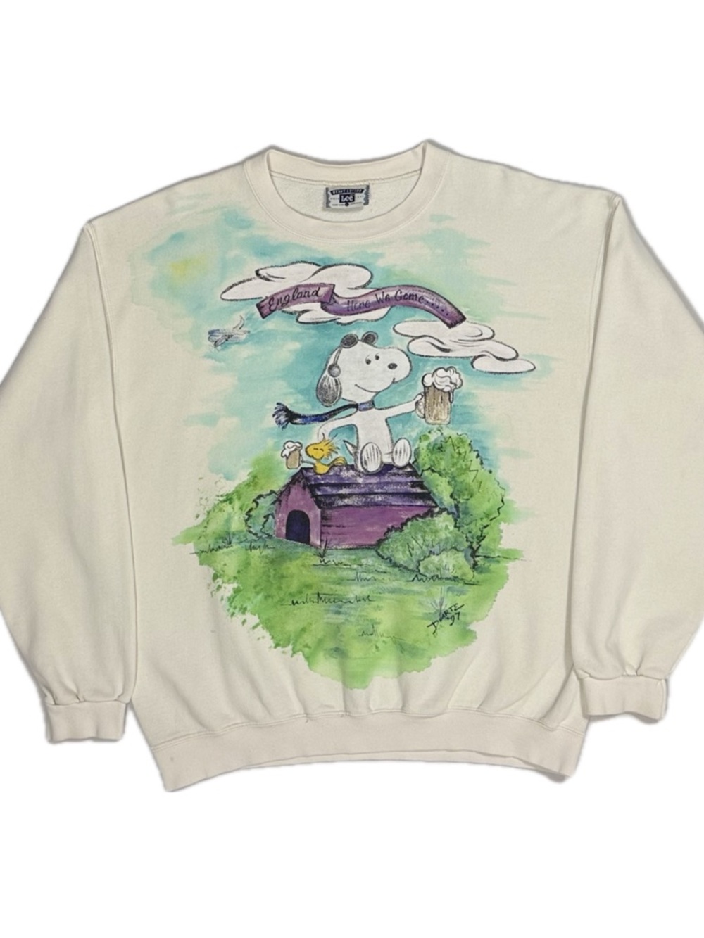 Vtg 90s Lee‎ Peanuts Snoopy England Here we Come crewneck sweatshirt mens large